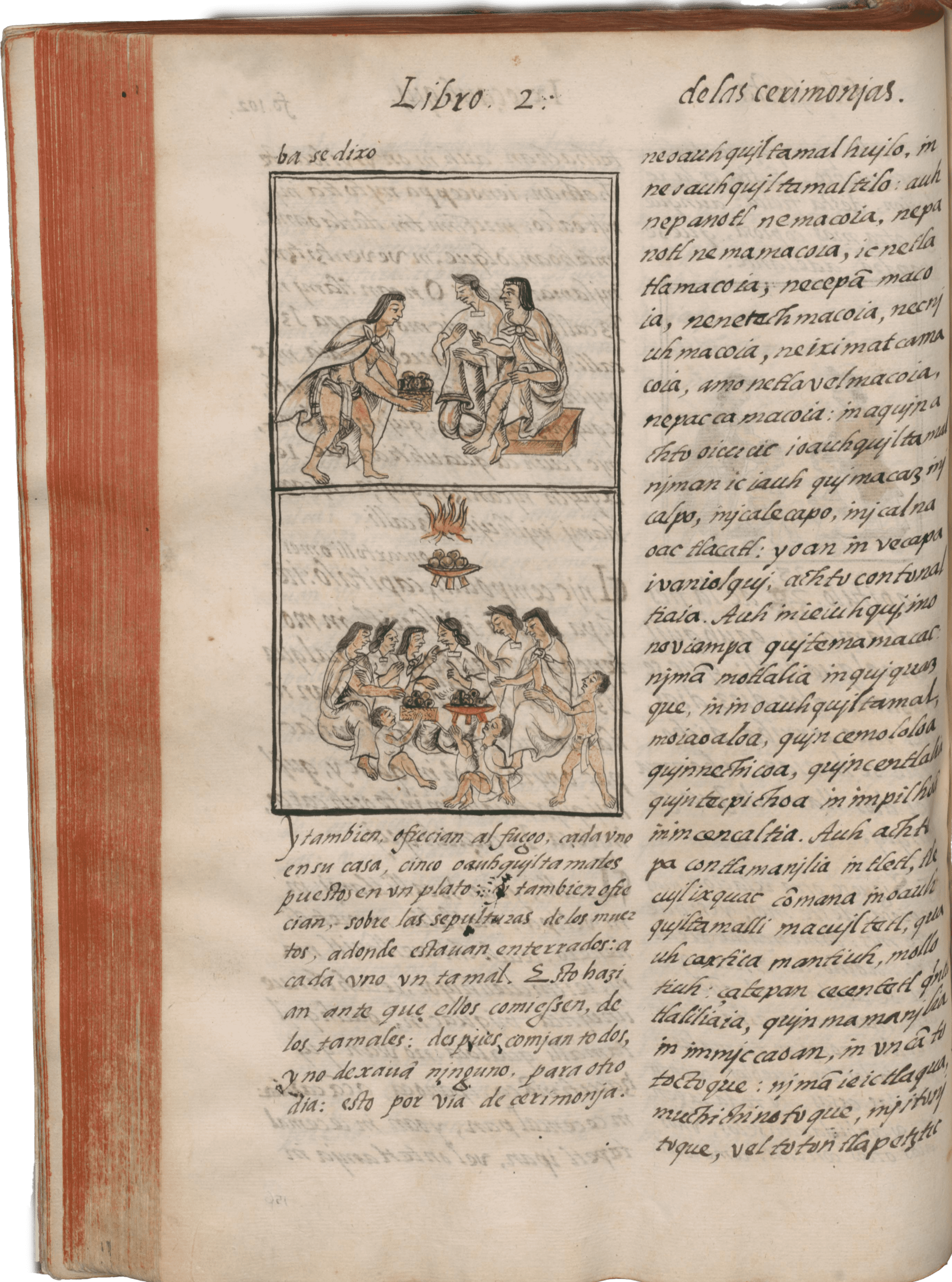 Page from the Florentine Codex, (1545-1577) with red page edge and black script in Spanish and Náhuatl. Illustrations of meals being served.