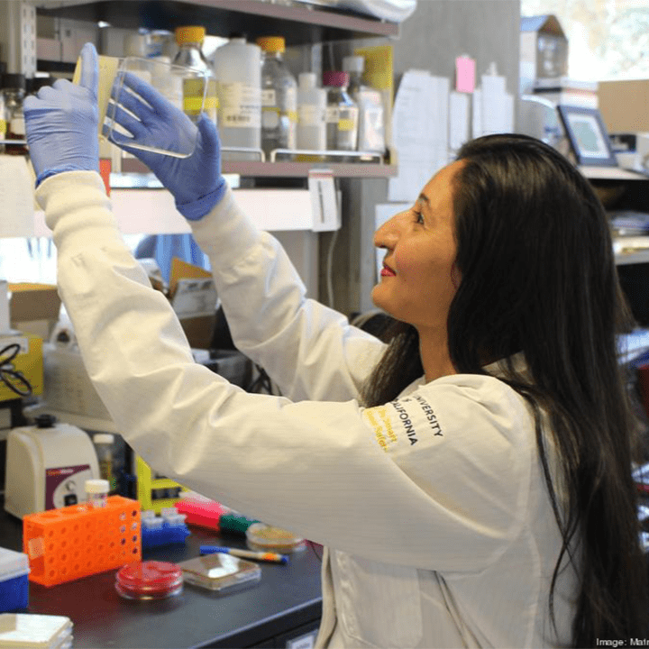 Ishita Shah removes a glass container from a shelf in the lab. She is wearing a white lab coat with the University of California logo on the sleeve.