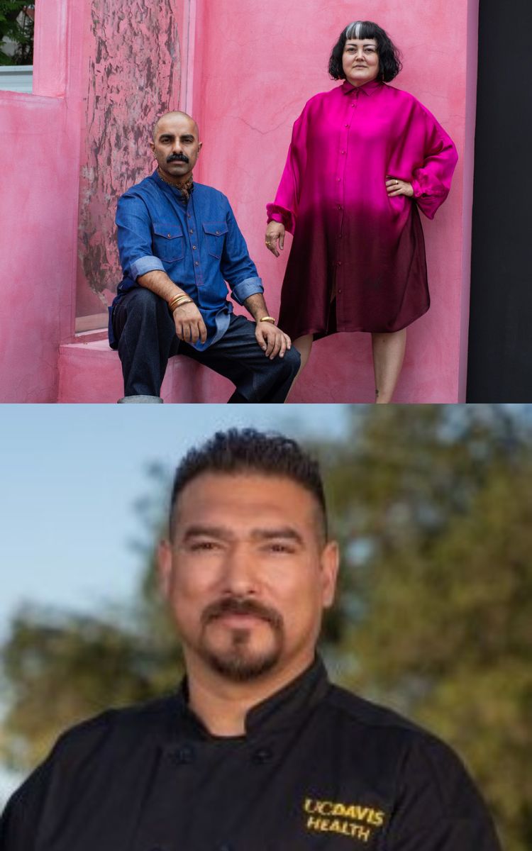 Photo of Chefs Saqib Keval and Norma Listman Sanchez, above a photo of Chef Santana Diaz wearing a shirt with the UC Davis Health logo on it