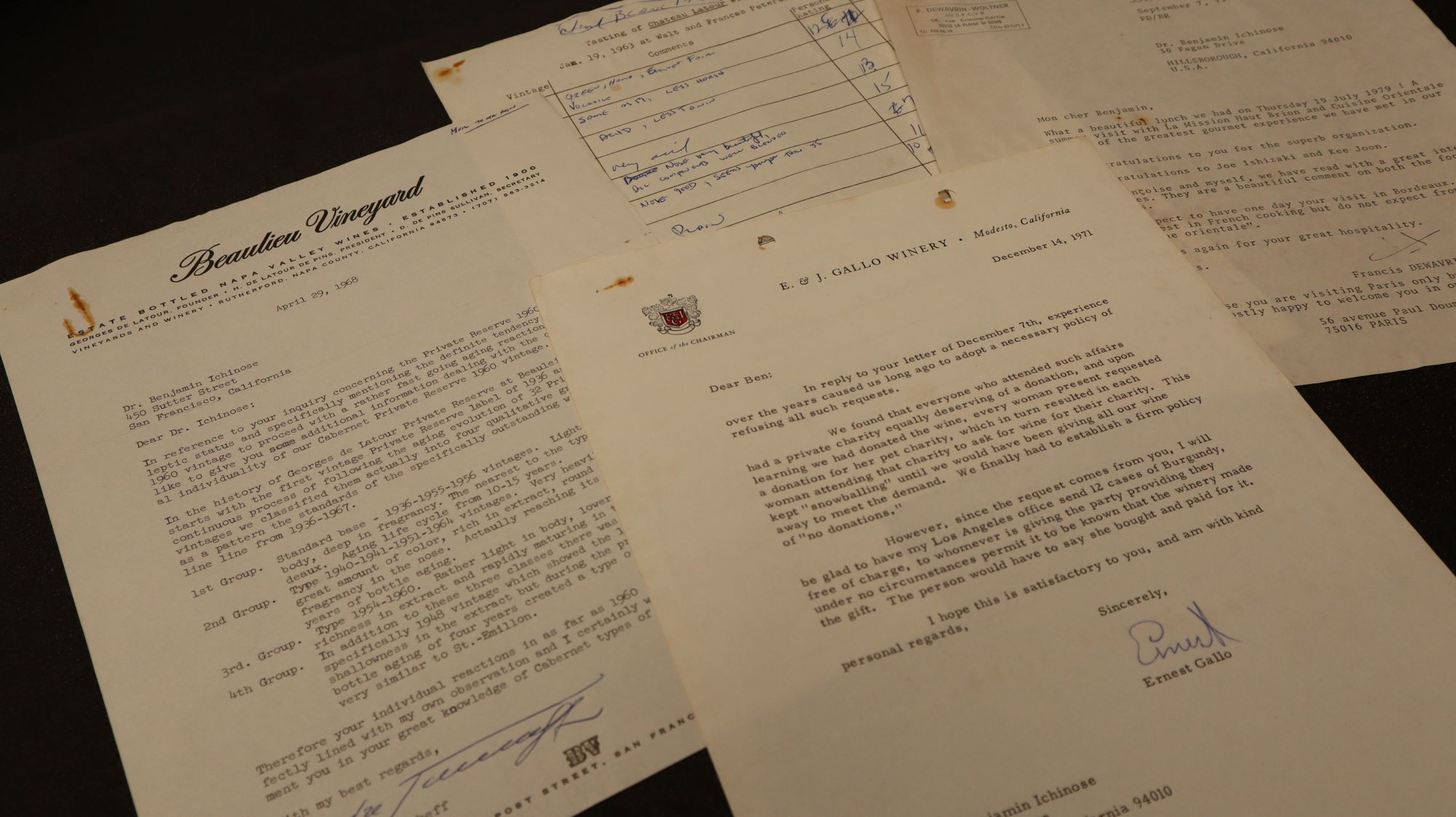 A series of letters arrayed on a table, on letterhead from Beaulieu Vineyard and E & J Gallo Winery, and bearing the signatures of Andre Tchelistcheff and Ernest Gallo. Chateau Latour tasting notes are in the background.