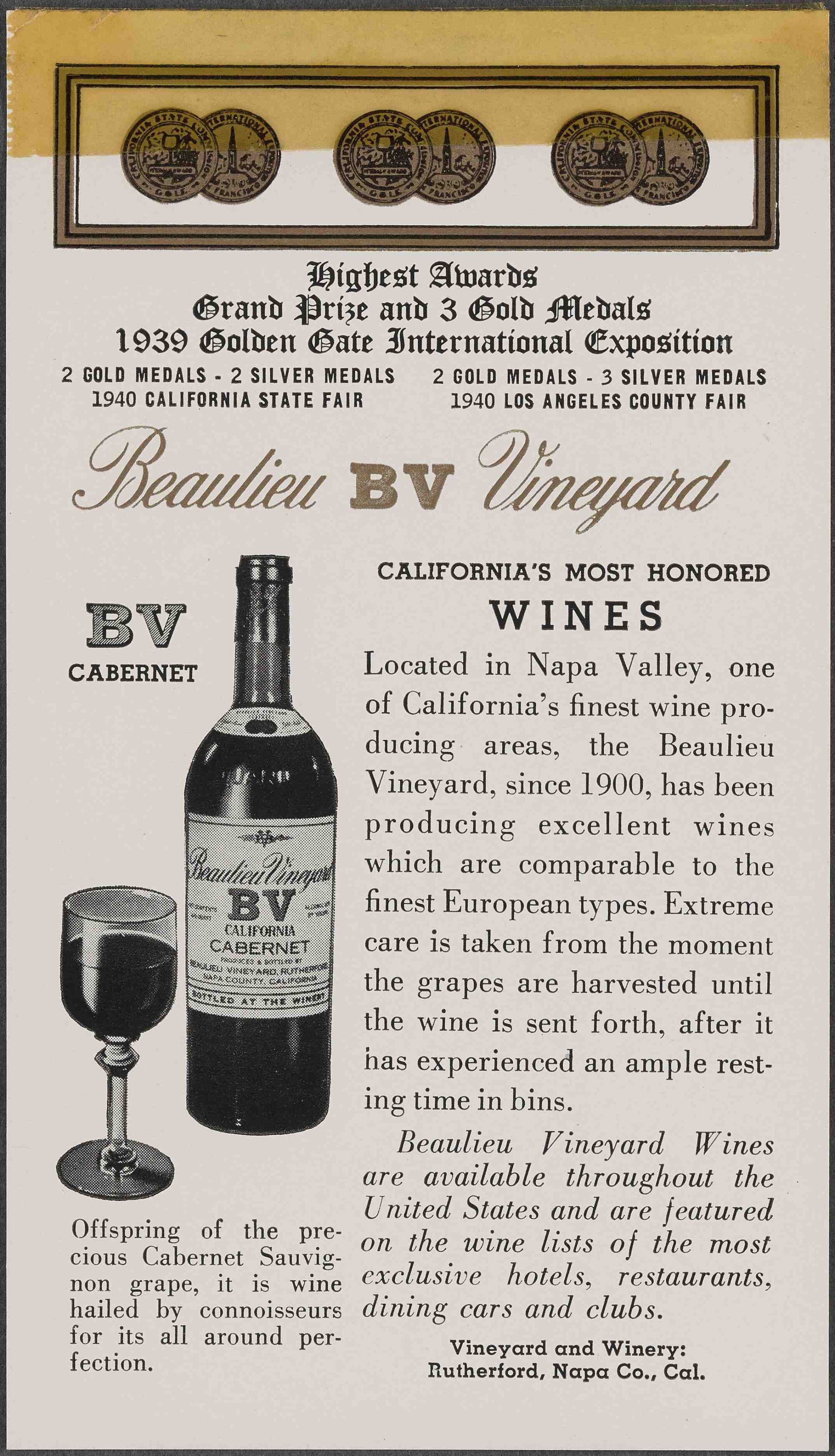 An advertisement for BV Cabernet with medals across the top, and text that reads "California's Most Honored Wines".