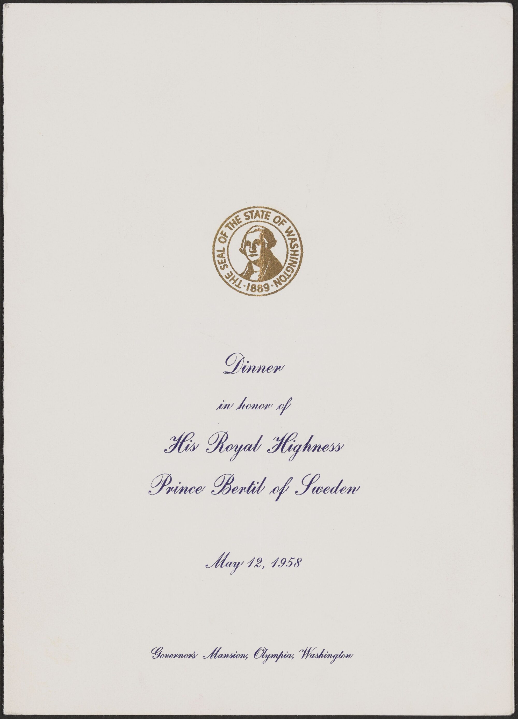 Cover of dinner menu honoring Prince Bertil of Sweden, featuring the Seal of the State of Washington in gold.