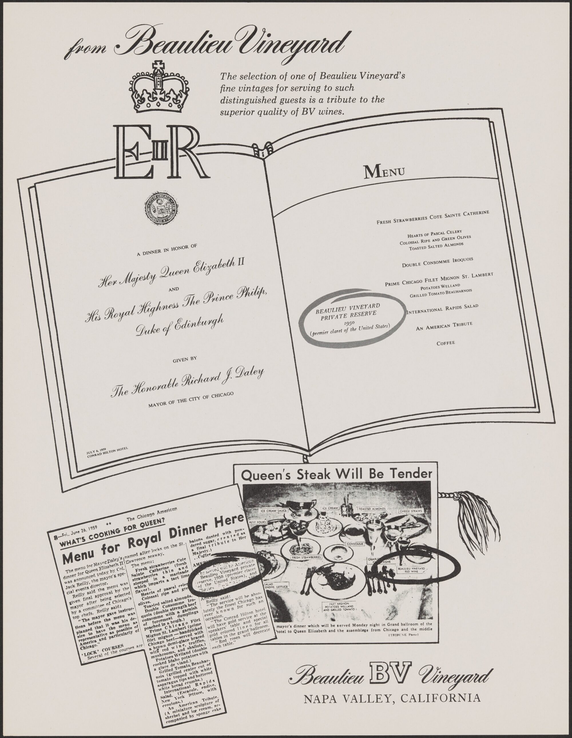 Promotional page with illustration of menu for Queen Elizabeth II that includes BV Private Reserve, above two articles about the queen's diner with BV wine description/image circled in black.