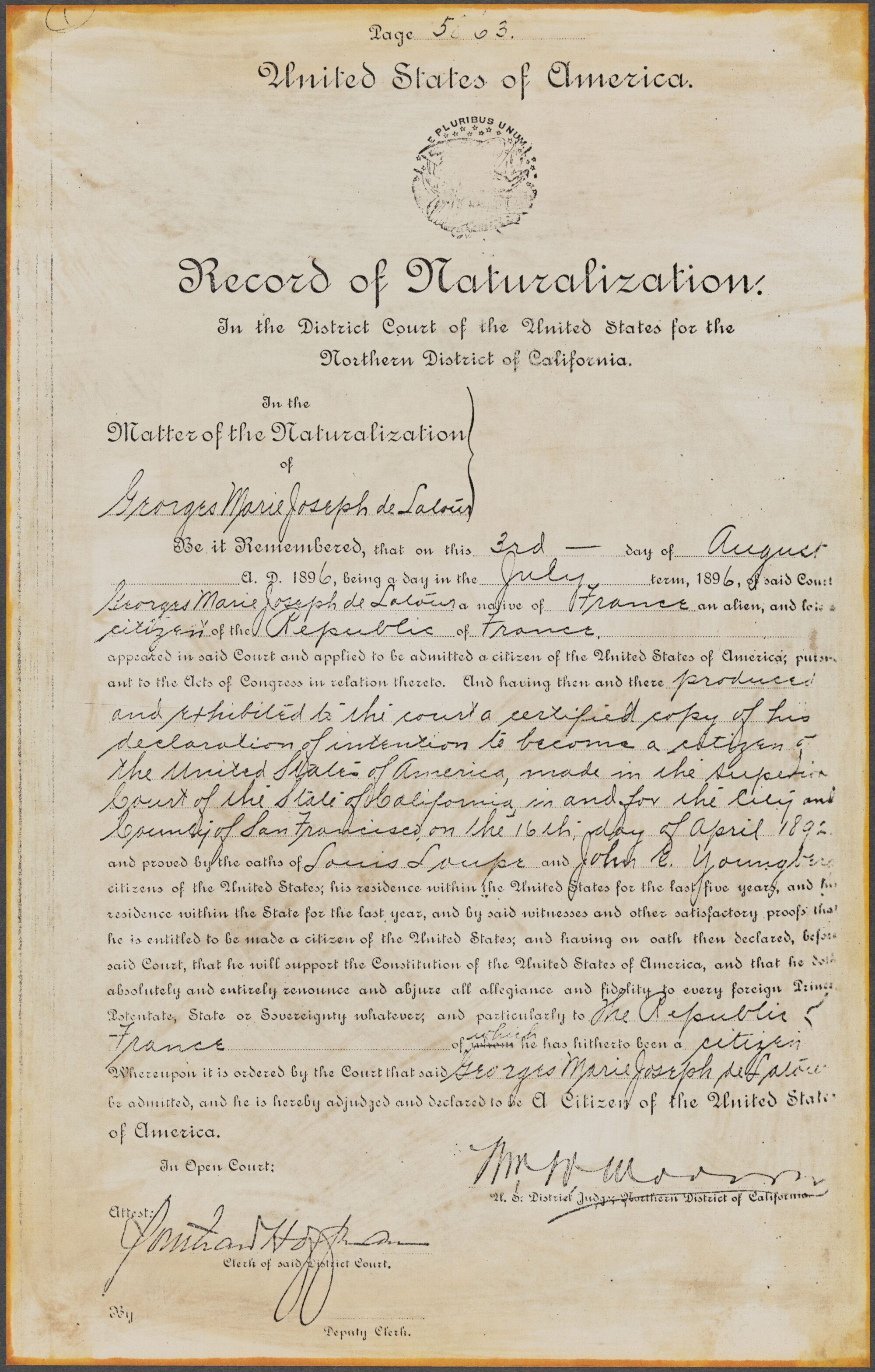 Georges de Latour Record of Naturalization on aged paper.