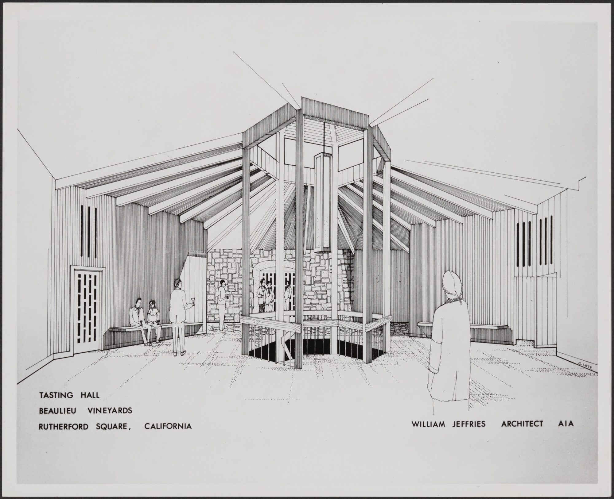 Black and white illustration of interior BV Rutherford Square Tasting Hall by architect William Jeffries