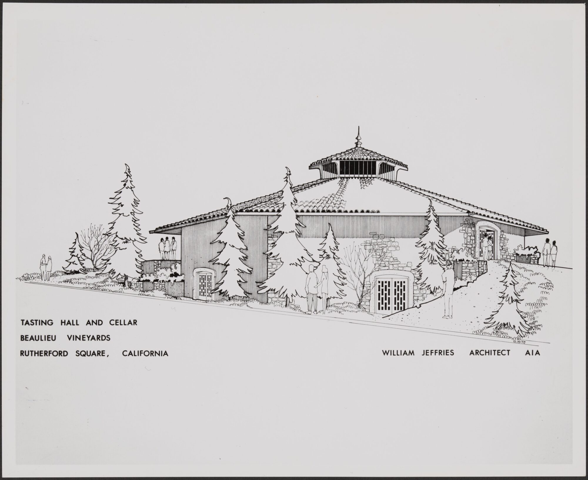 Black and white illustration of exterior BV Rutherford Square Tasting Hall and Cellar by architect William Jeffries