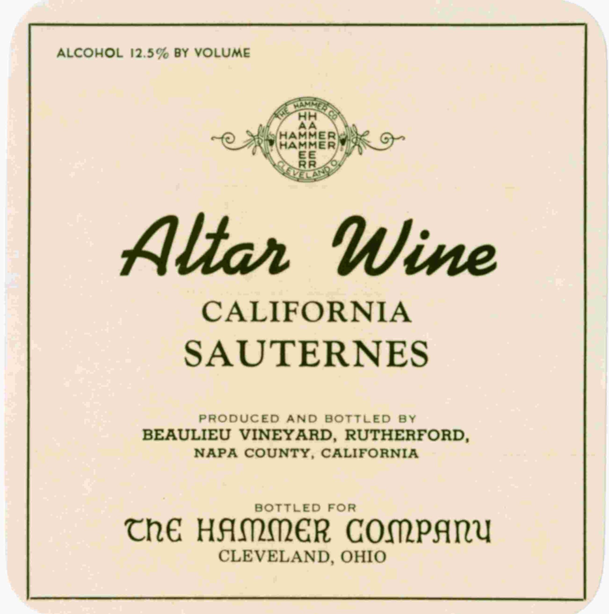 The Hammer Company Altar Wine label in dark green on yellow with note that it is produced and bottled by BV.