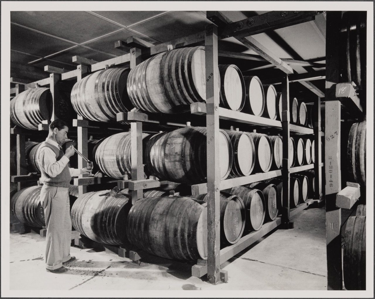 black and white image of Andre Tchelistcheff extracting wine from one of dozens of barrels in cellar.