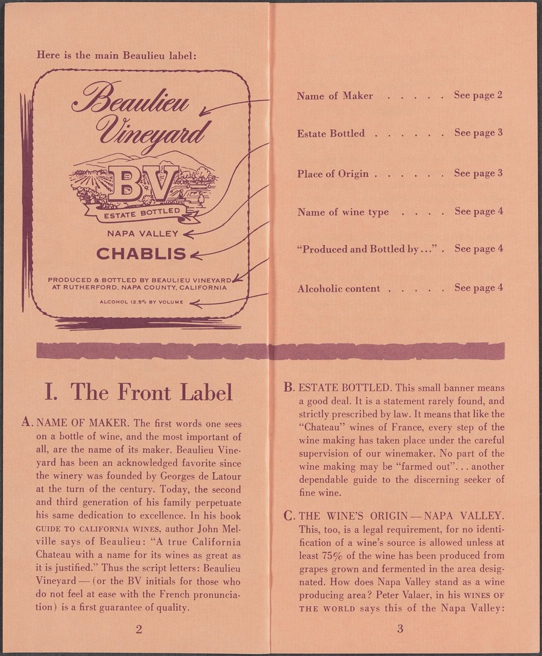 Pages 2-3 of How to Read a Wine Label pamphlet describing the front label. Salmon-colored background and wine-colored ink.