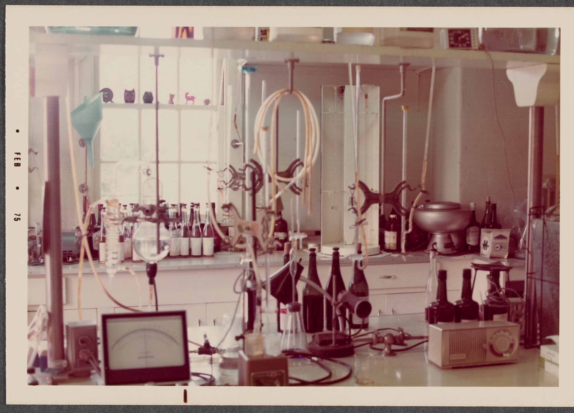 Winery laboratory equipment on lab benches with a window in background
