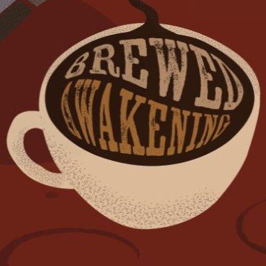 Illustration of a coffee cup with the words Brewed Awakening swirled on top