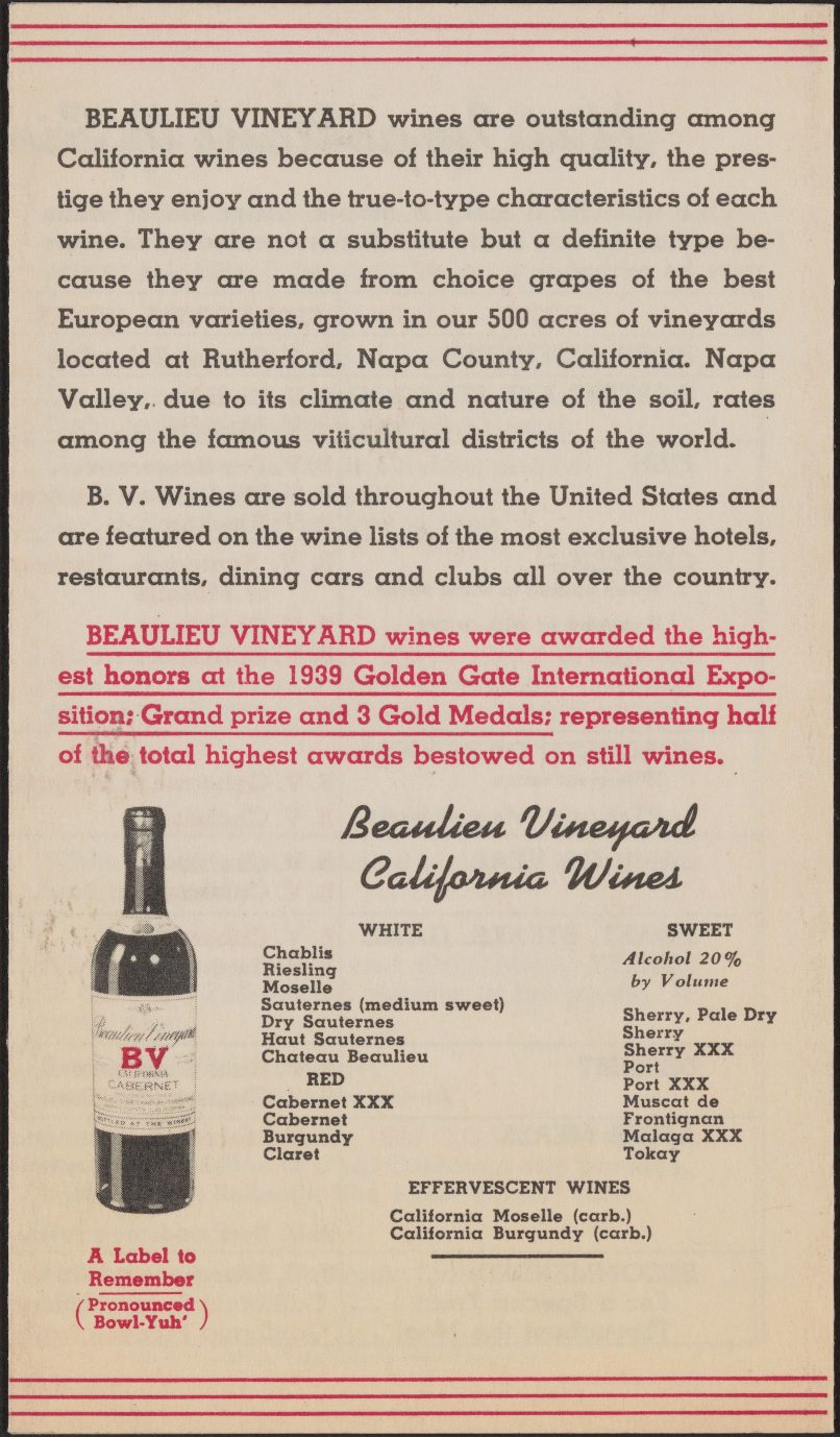 One page of a Beaulieu Vineyard pamphlet, printed in black and red type. Below an image of a wine bottle is the caption: A Label to Remember (Pronounced Bowl-Yuh)