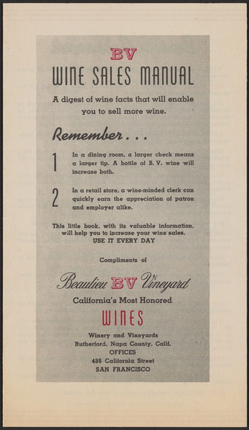 Cover of Beaulieu Vineyard (BV) Wine Sales Manual, printed in black and red type