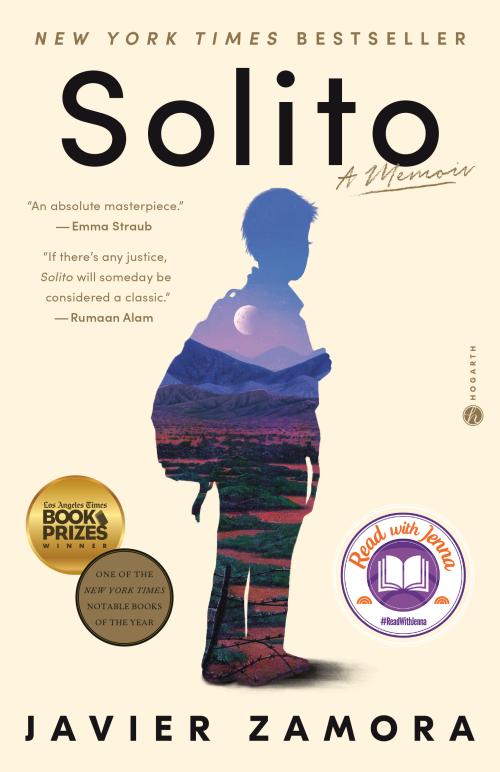 cover of the book solito by Javier zamora, with an outline of a young boy filled with photos of mountains, field and a moon.