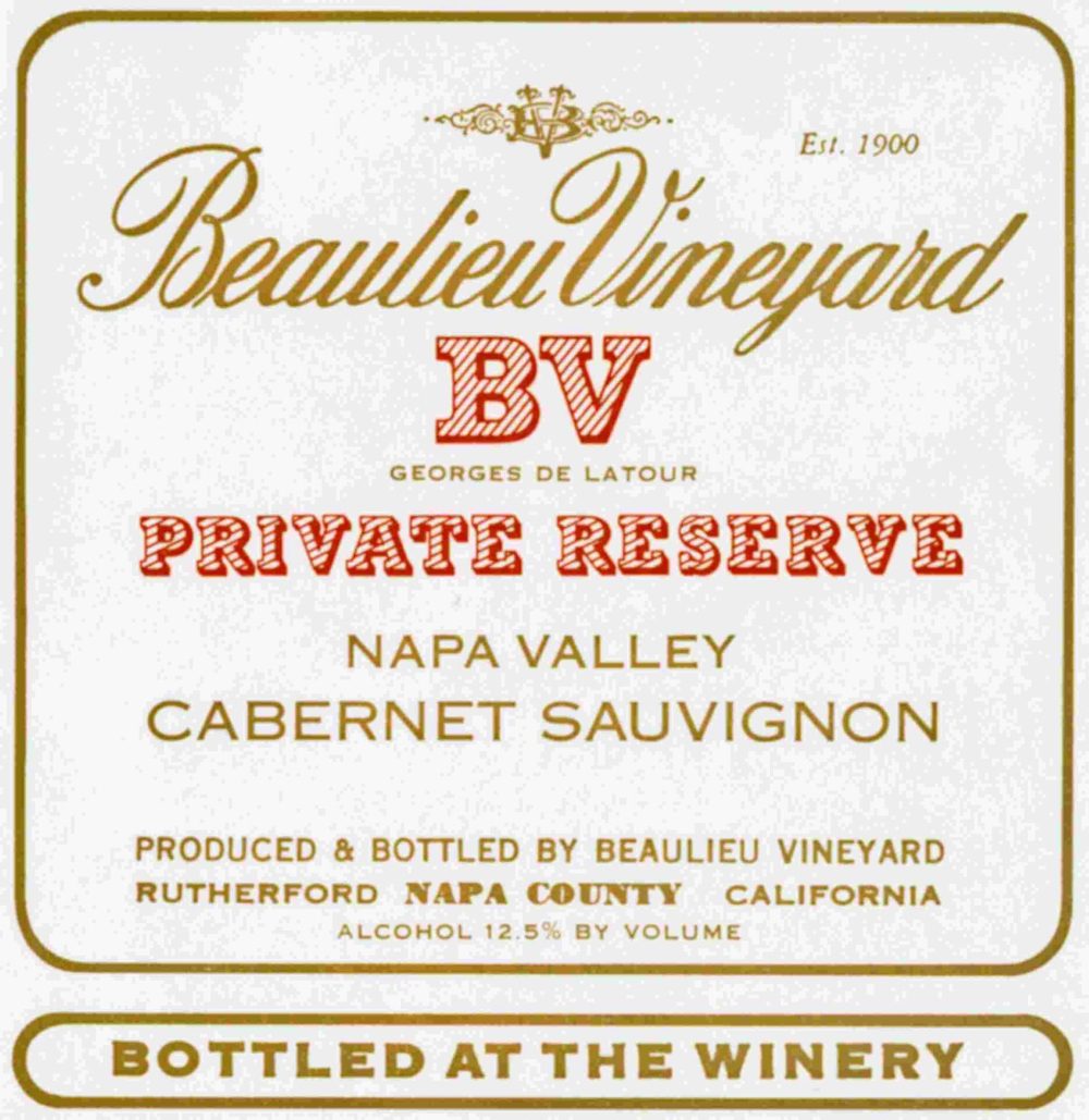 BV Private Reserve Napa Valley Cabernet Sauvignon wine label in gold with red accents