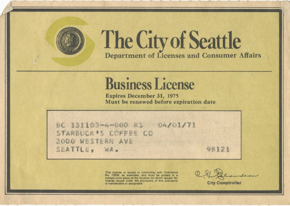 City of Seattle business license for Starbuck's Coffee Co in Seattle, WA, with a December 31, 1975 expiration date.