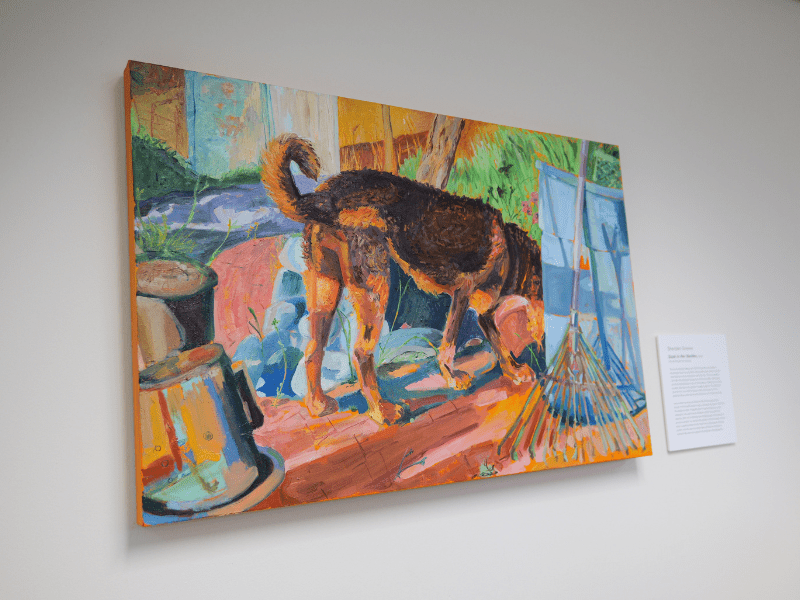 Oil and acrylic image of dog sniffing in a garden