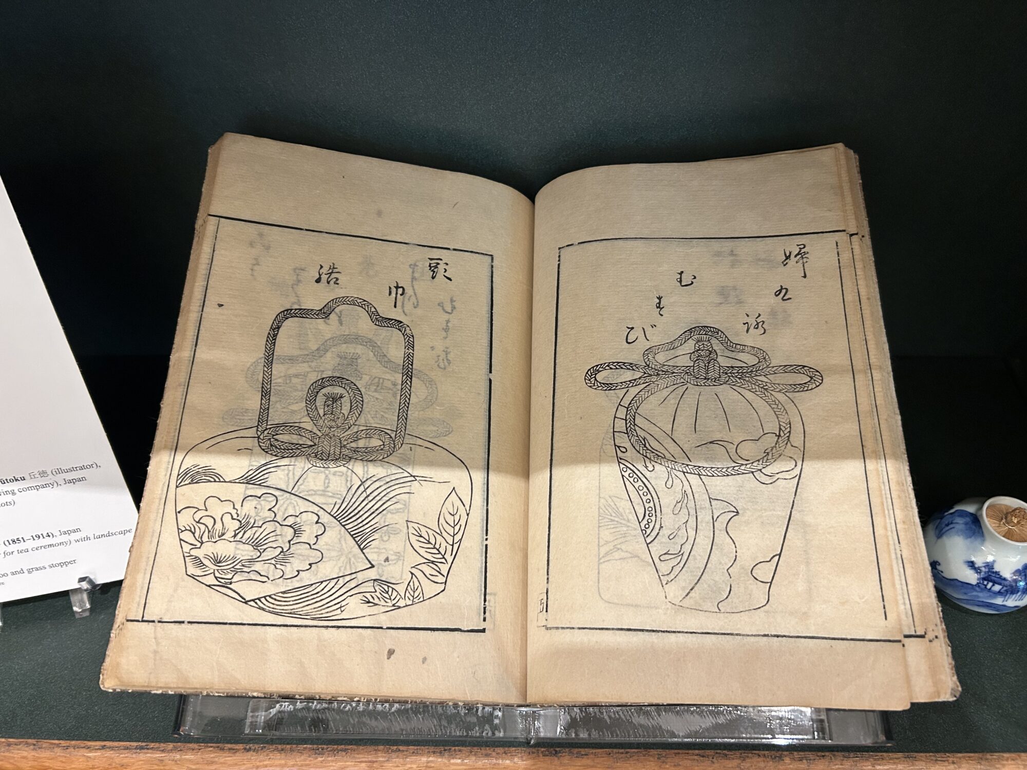 Open book with woodcarved illustrations on both pages of tea caddy knots.