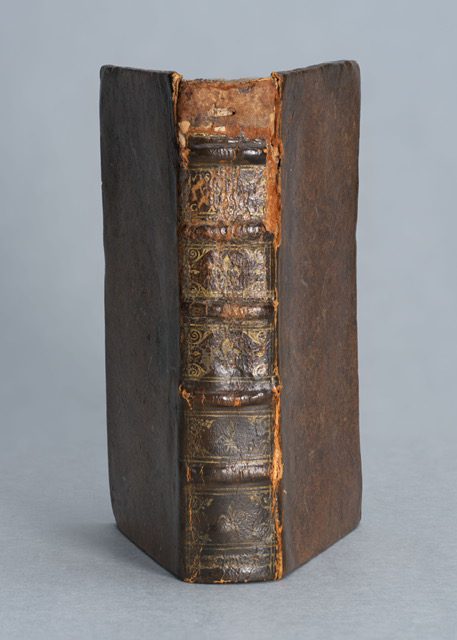A weathered book standing vertically, propped open, with its spine facing forwards. The title of the book appears faintly on its spine.