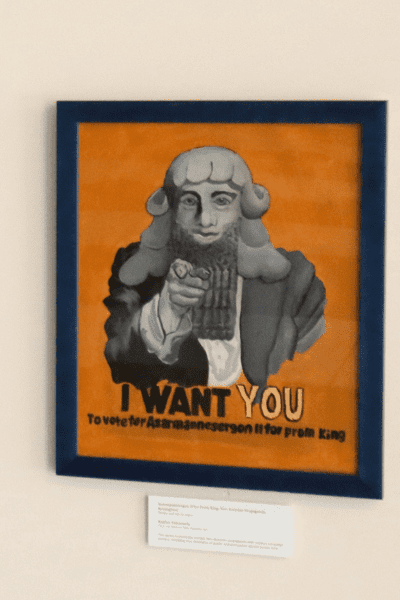 Illustration spoofing Uncle Sam pointing on orange background
with lettering "I WANT YOU to vote for Asarmannesergon II for Prom King"