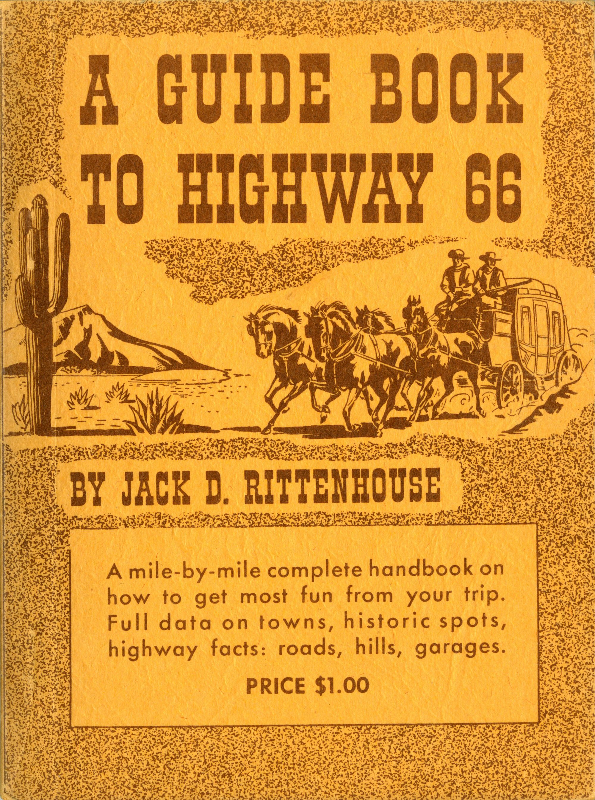 Cover of A Guide Book to Highway 66 by Jack D. Rittenhouse, featuring an illustration of a horse-drawn stagecoach in a desert landscape.