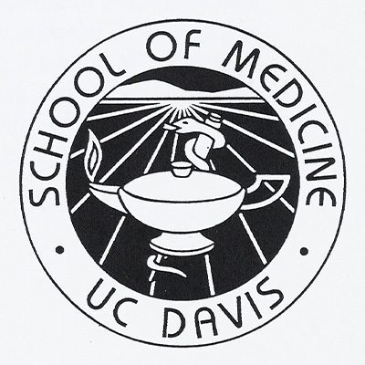 UC Davis School of Medicine log in black and white with a snack intertwined over a lamp.