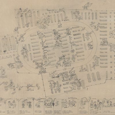 Small portion of a hand drawn cartoon map. The map shows the layout of the various buildings