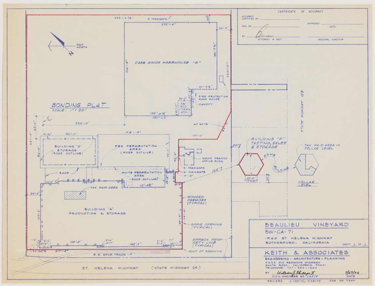 Blueprint architectural plan of Beaulieu Vineyard by Keith & Associates Engineering, Architecture and Planning. Plans show space allocated in "Building A" for Production & Storage; in Building "D" for Storage; separate areas for Red and White Fermentation; Tasting, Sales and Storage space in Building F; Case Goods Warehouse G; and a small Wood-Framed Office Building.