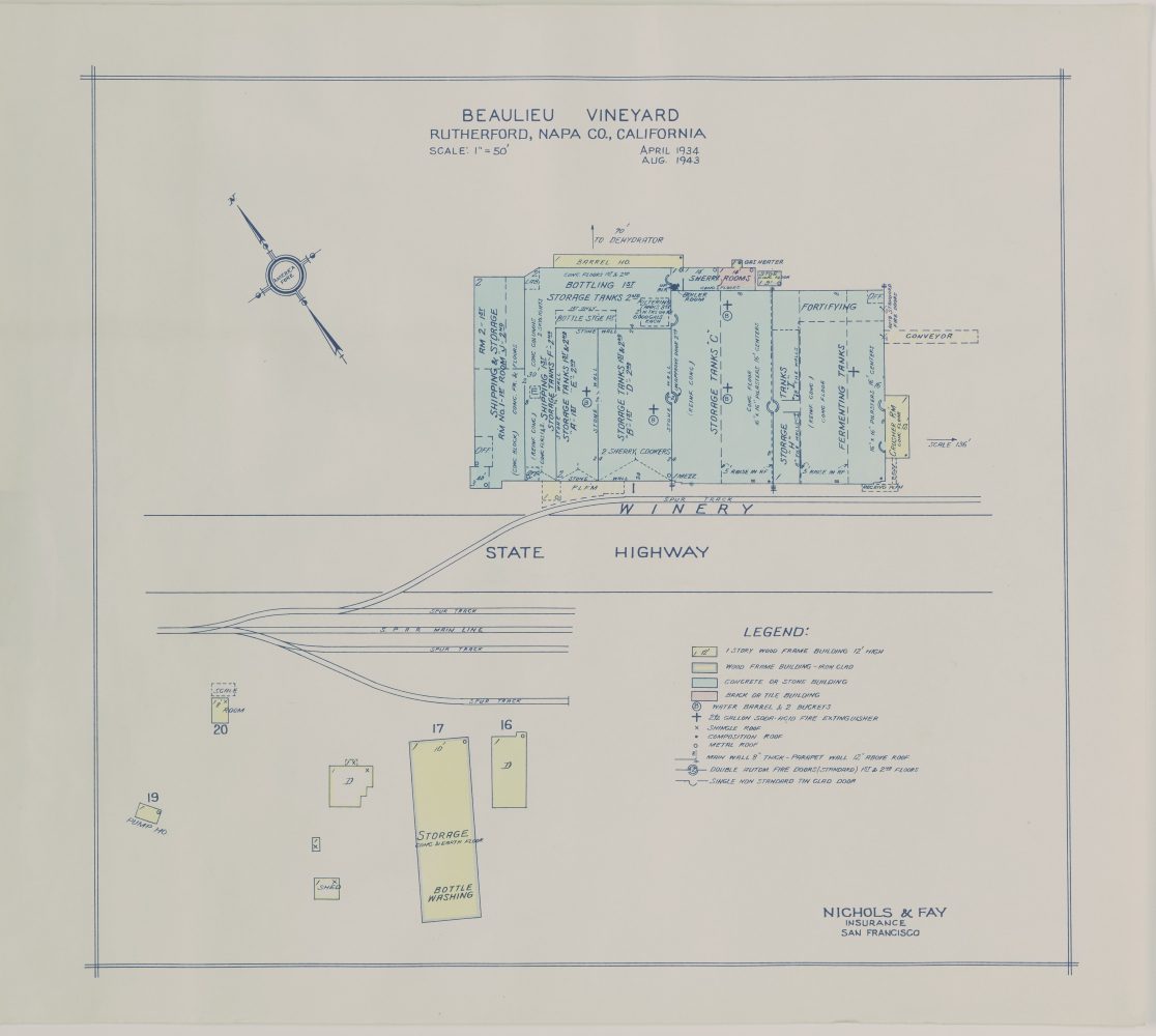 Architectural diagram of the Beaulieu Vineyard estate in Rutherford, Napa Co., California. Plans show shipping and storage, storage tanks, fermenting tanks, crusher room, and sherry rooms in the main building, as well as storage and bottle washing in smaller buildings on the other side of the state highway.