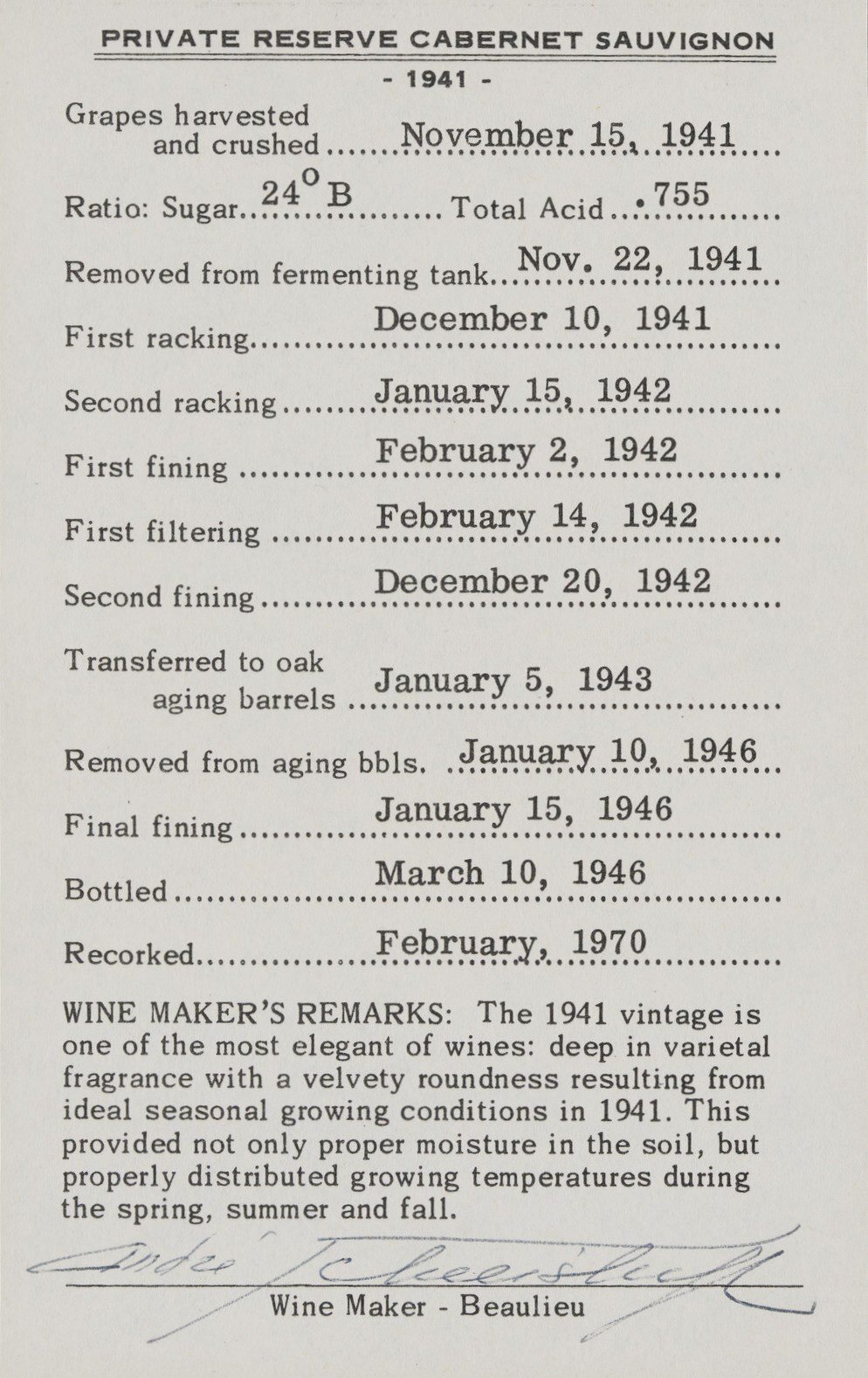 Typed list of details and dates regarding the filtering, barrel aging and bottling of Private Reserve Cabernet Sauvignon 1941, signed by Beaulieu Winemaker Andre Tchelistcheff.