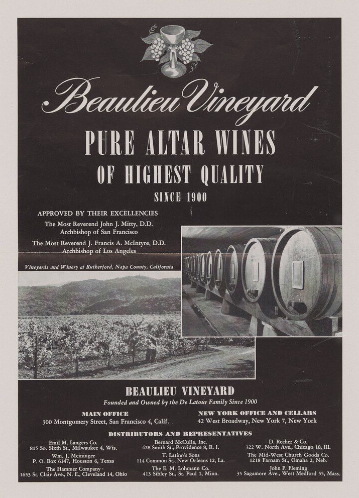 Advertisement for Beaulieu Vineyard Pure Altar Wines of Highest Quality Since 1900. Includes inset photos of a vineyard and wine barrels.