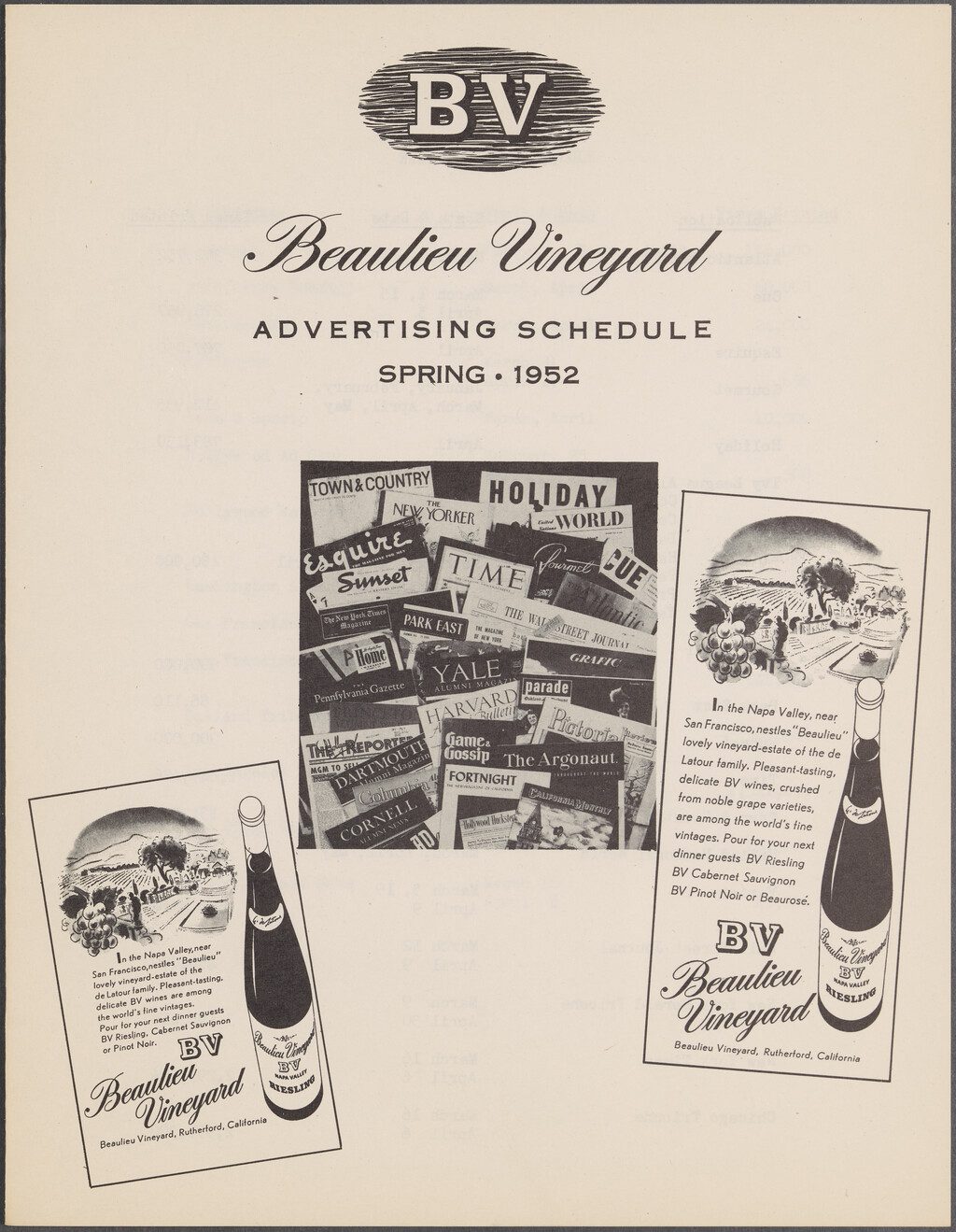 Beaulieu Vineyard Advertising Schedule for Spring 1952. Central photo shows the mastheads of assorted magazines and news publications. On either side are pen-and-ink ads for BV wine.