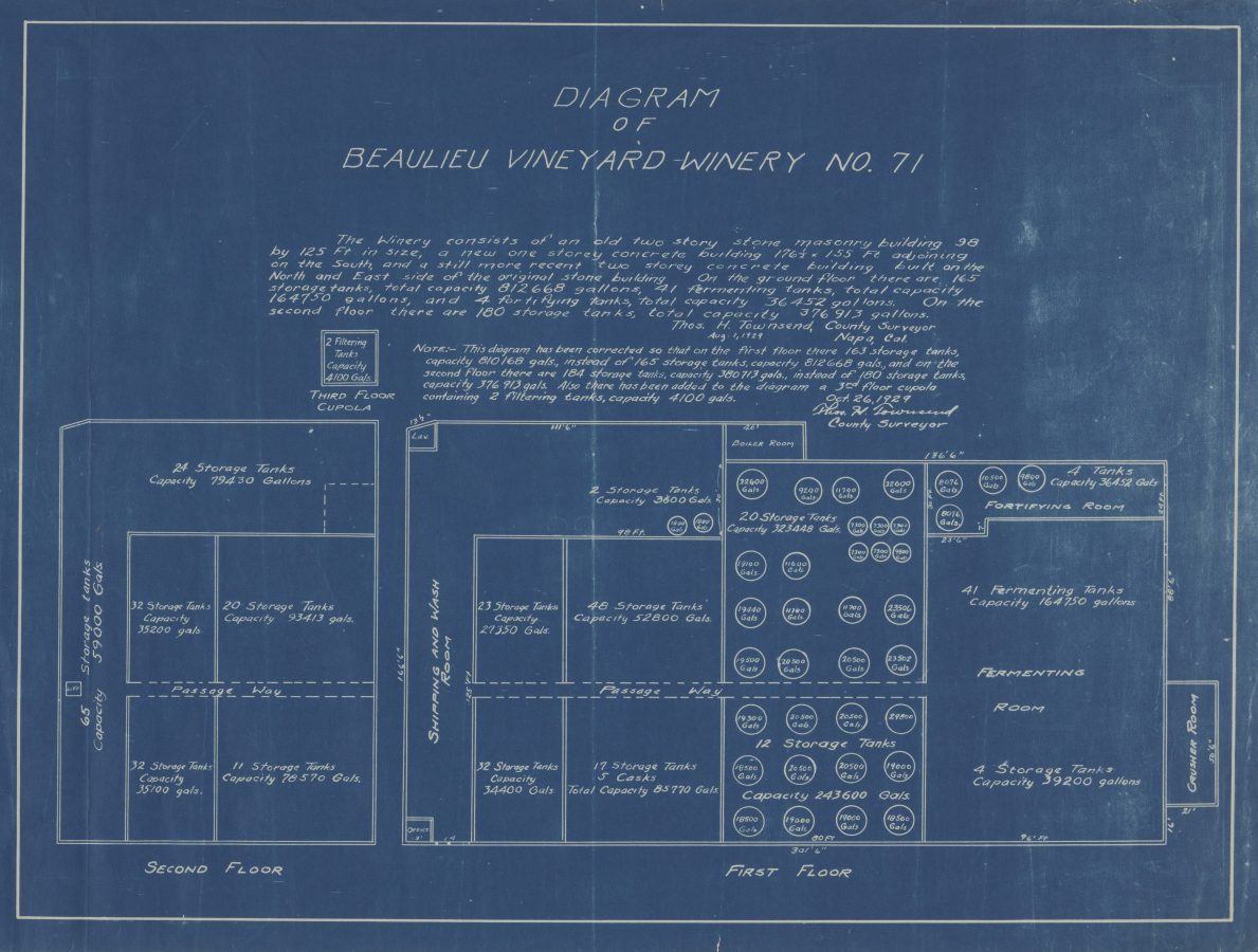 Architectural blueprint showing the locations of storage tanks, fermenting tanks, the crusher room and the shipping and wash room on the winery's first floor; and additional storage tanks on the second floor.
