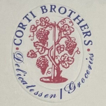 The words Corti Brothers Delicatessen | Groceries wrap around an illustration of a grapevine.
