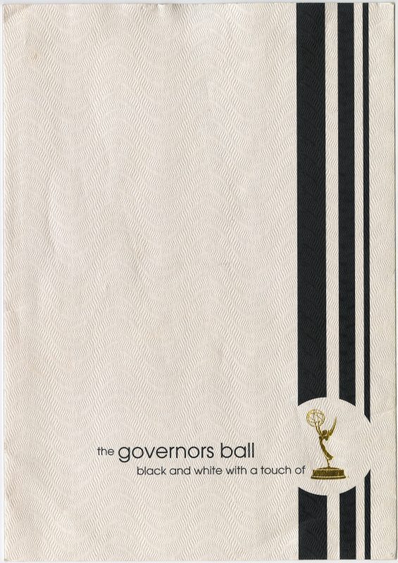 Menu cover for the Governors Ball: Black and White with a Touch of... followed by an illustration of an Emmy award statue.
