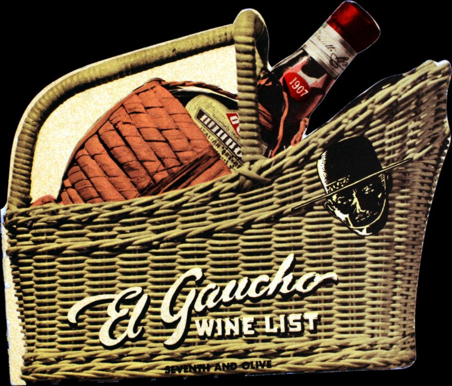Illustration of a picnic basket with a wine bottle inside. Text overlay reads: El Gaucho Wine List