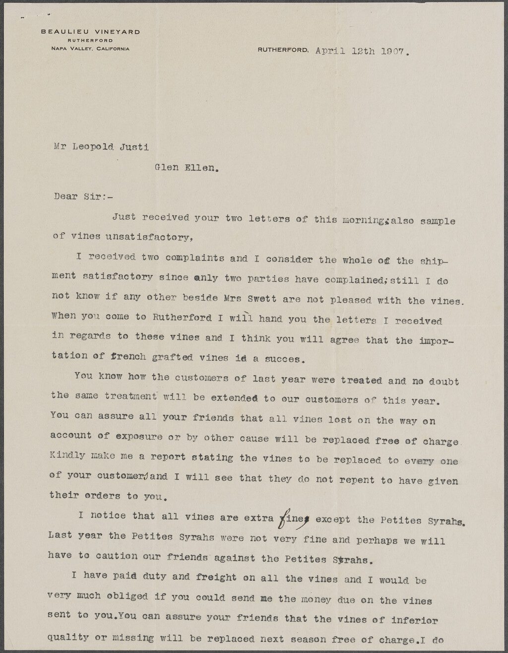 First page of a letter on Beaulieu Vineyard letterhead, dated April 12th, 1907