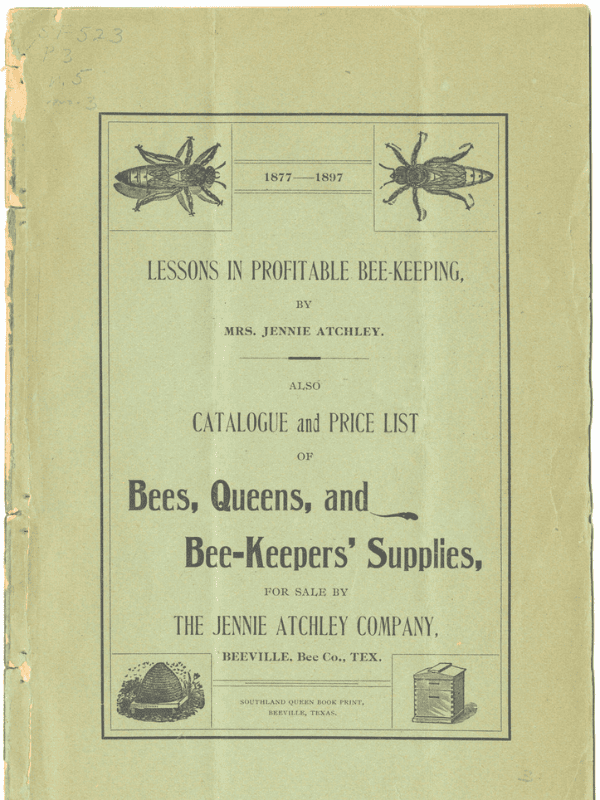 Yellowing cover of Lessons in Profitable Bee-Keeping 1877-1897 with images of bees, beehive and bee box. 