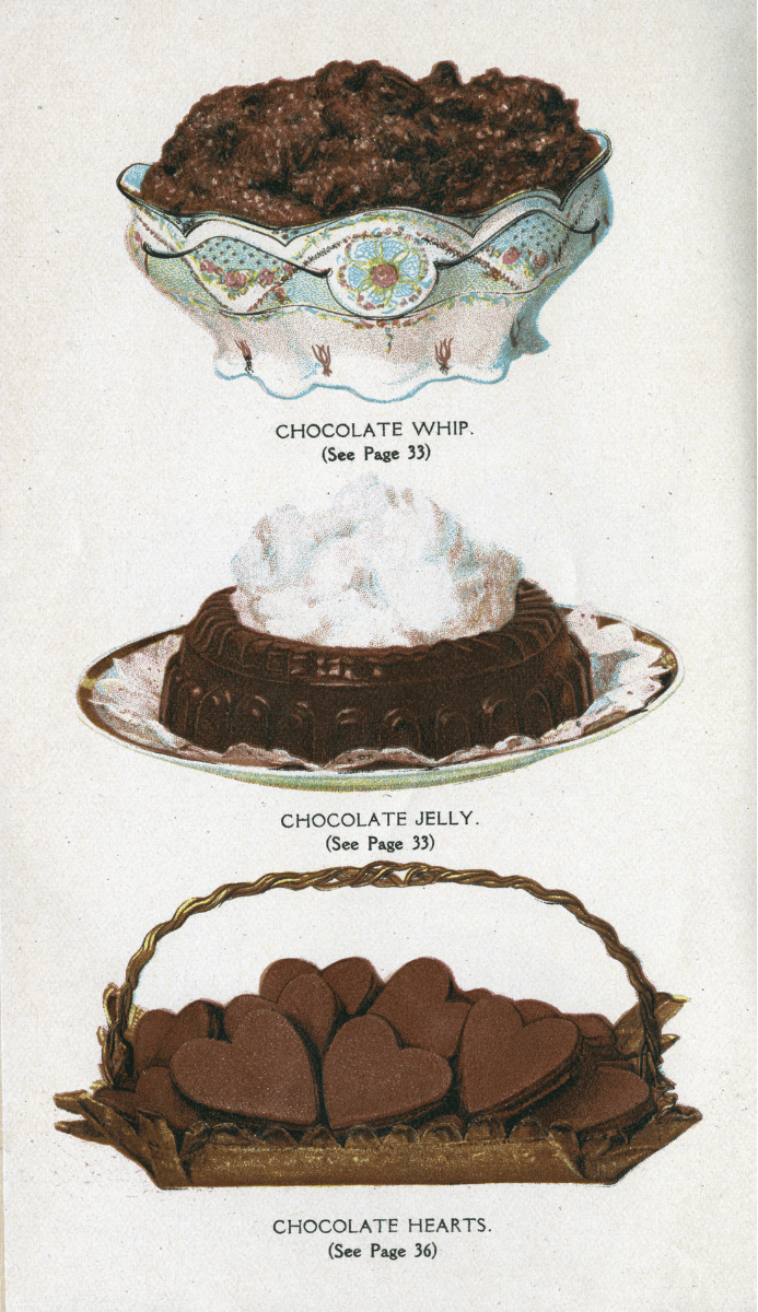 stacked illustrations of chocolate whip in an ornate bowl, chocolate jelly with whip cream and chocolate hearts in a basket.