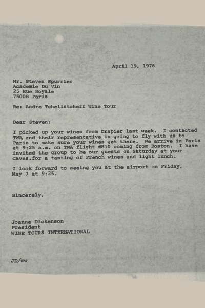 letter from Joanne DePuy to Steven Spurrier describing arrangements for American wines to make it to the Judgment of Paris tasting on time.