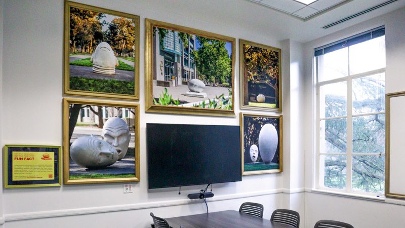 Conference table by tall windows, with a wall of framed photos of UC Davis's giant 'Egghead' sculptures and a mounted TV screen.