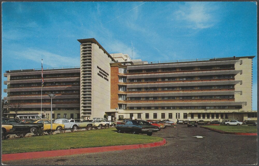 Exterior shot of the UC Davis Medical Center circa the 1970s