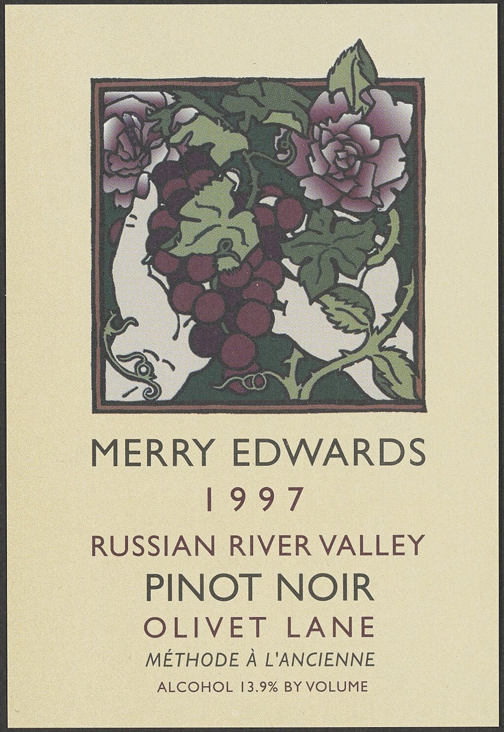 A wine label illustrated with roses, leaves and hands holding a bunch of red wine grapes.